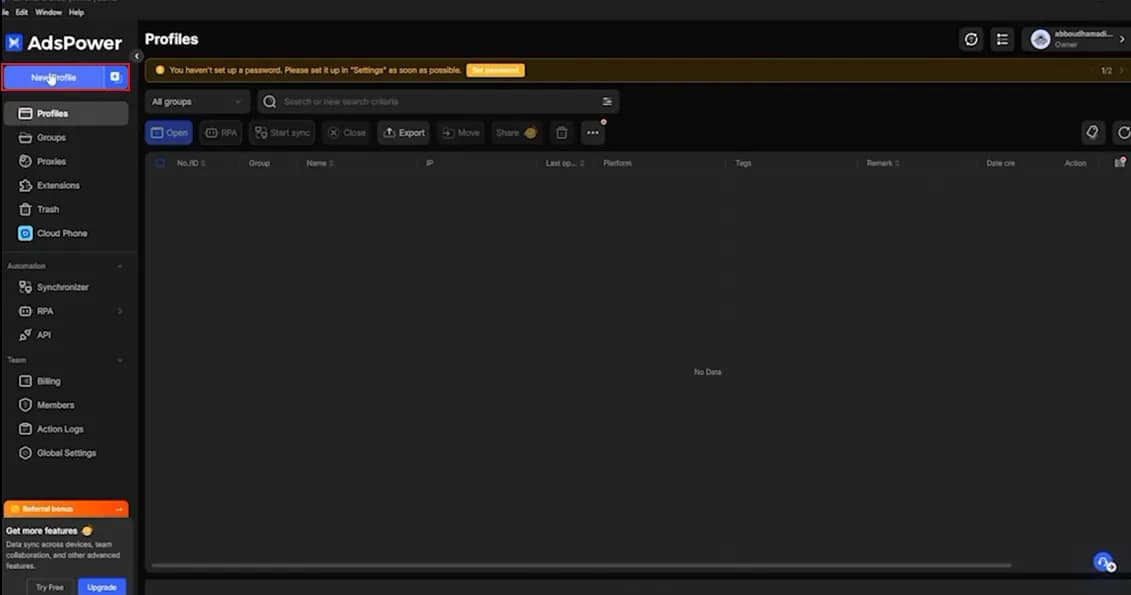 AdsPower Profiles page, New Profile button highlighted