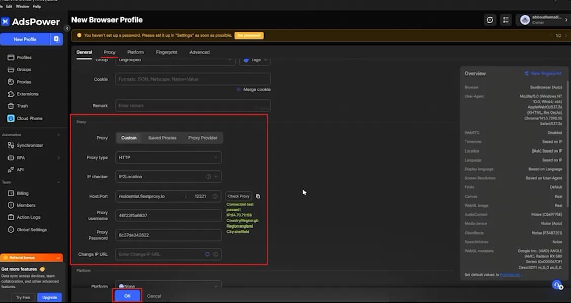 AdsPower proxy fields filled in, Check Proxy passing