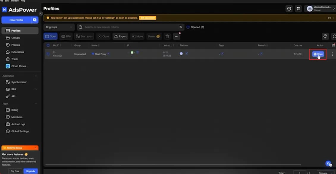 AdsPower Profiles list, Open button on the profile