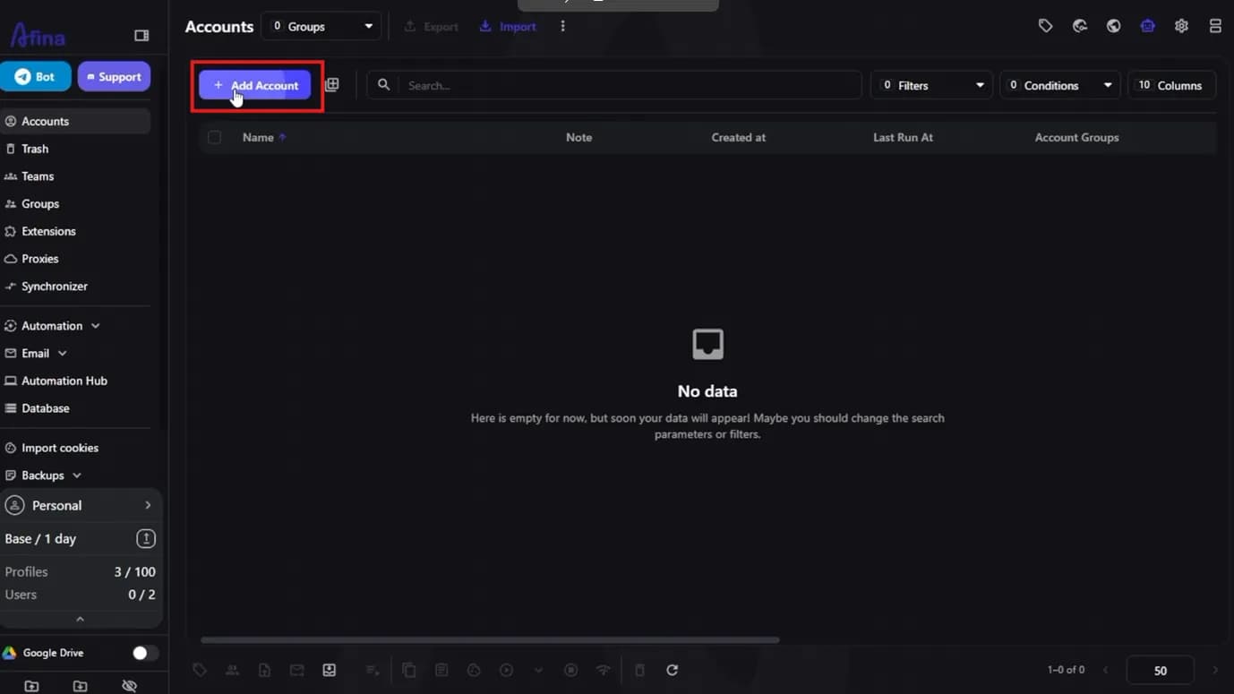 Afina Accounts page, Add Account button highlighted