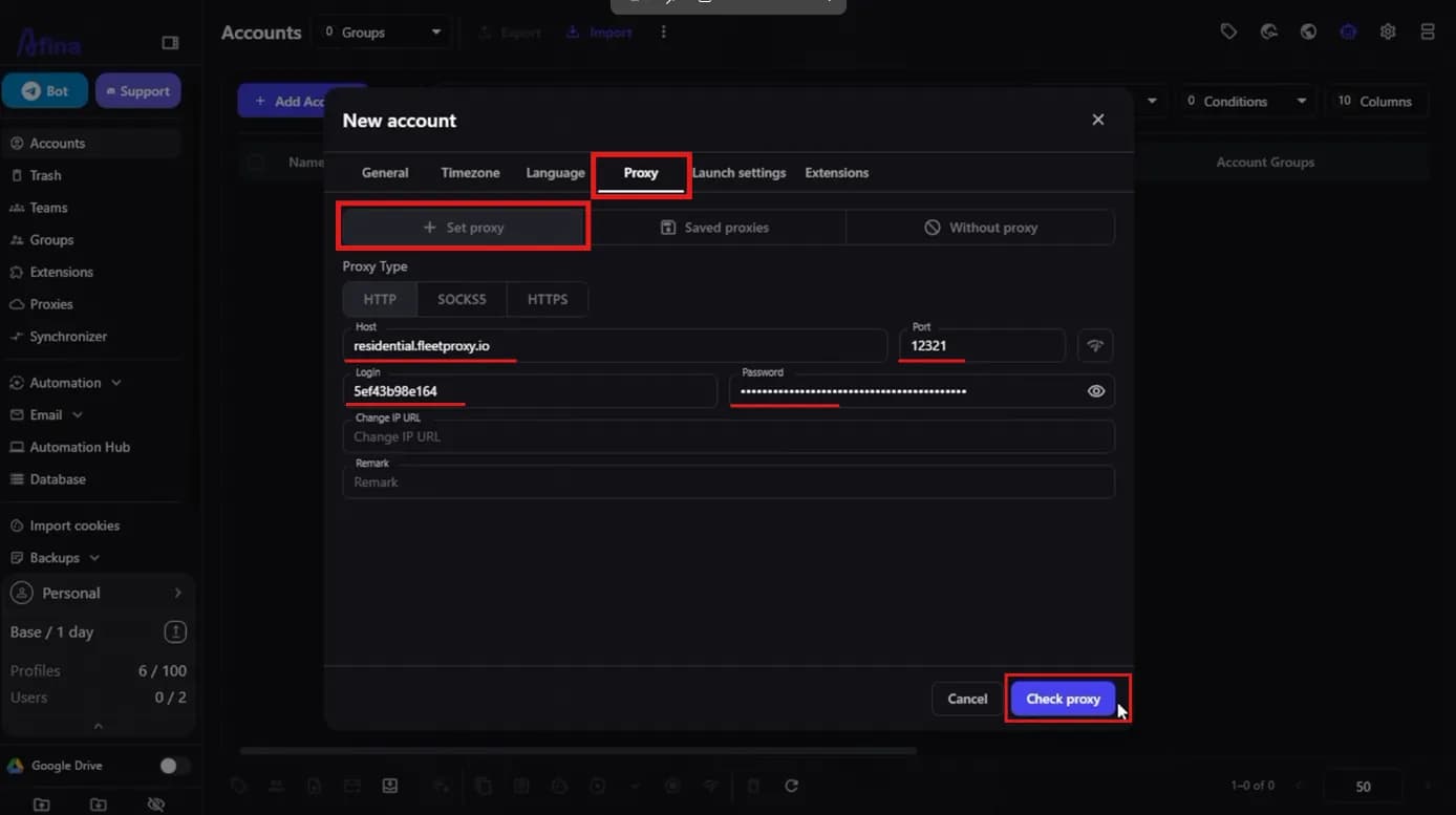 Afina Proxy tab with FleetProxy host, port and login