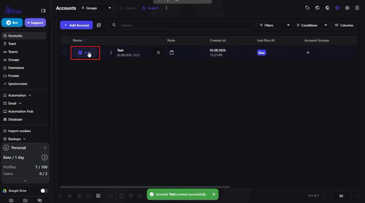 Afina Accounts list, Start button on the profile