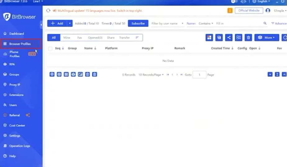 BitBrowser sidebar with Browser Profiles highlighted