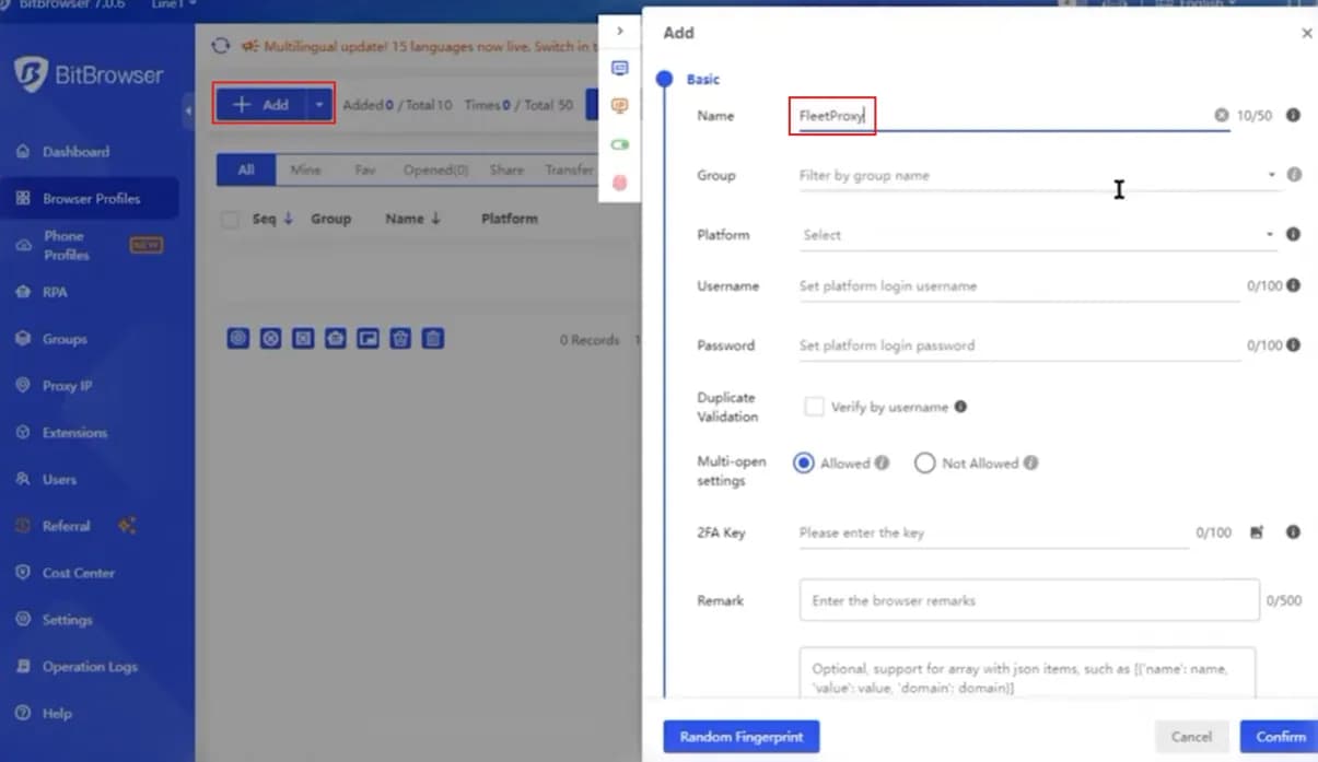 BitBrowser Add profile dialog with the Name field filled
