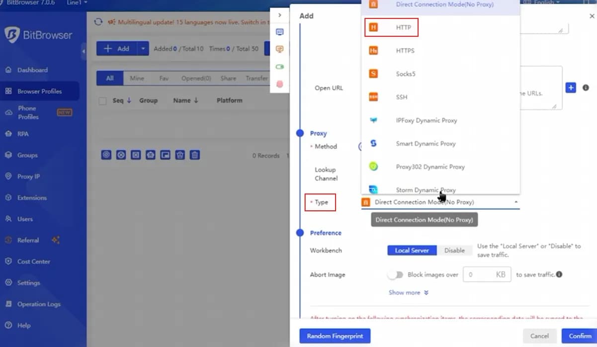 BitBrowser proxy Type dropdown open on HTTP