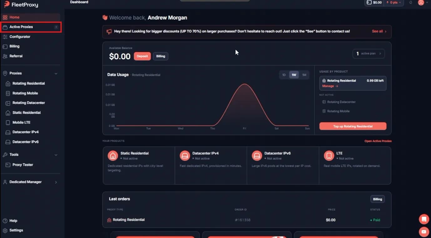 FleetProxy dashboard sidebar, Active Proxies highlighted