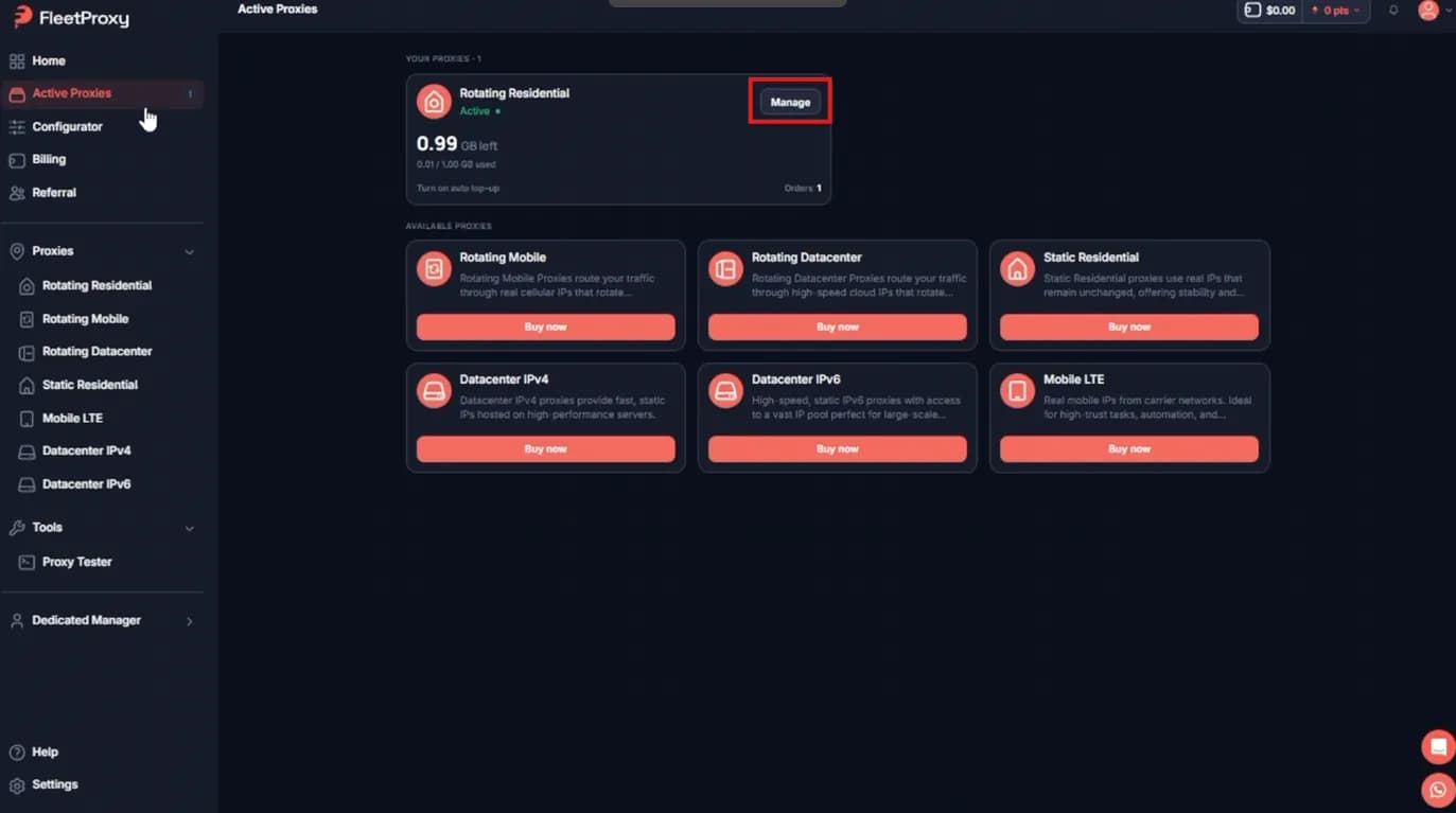 FleetProxy Active Proxies page, Manage button highlighted