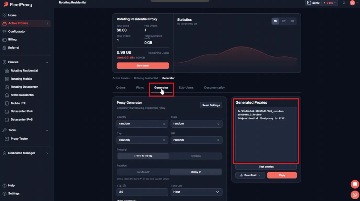 FleetProxy proxy generator with credentials ready to copy