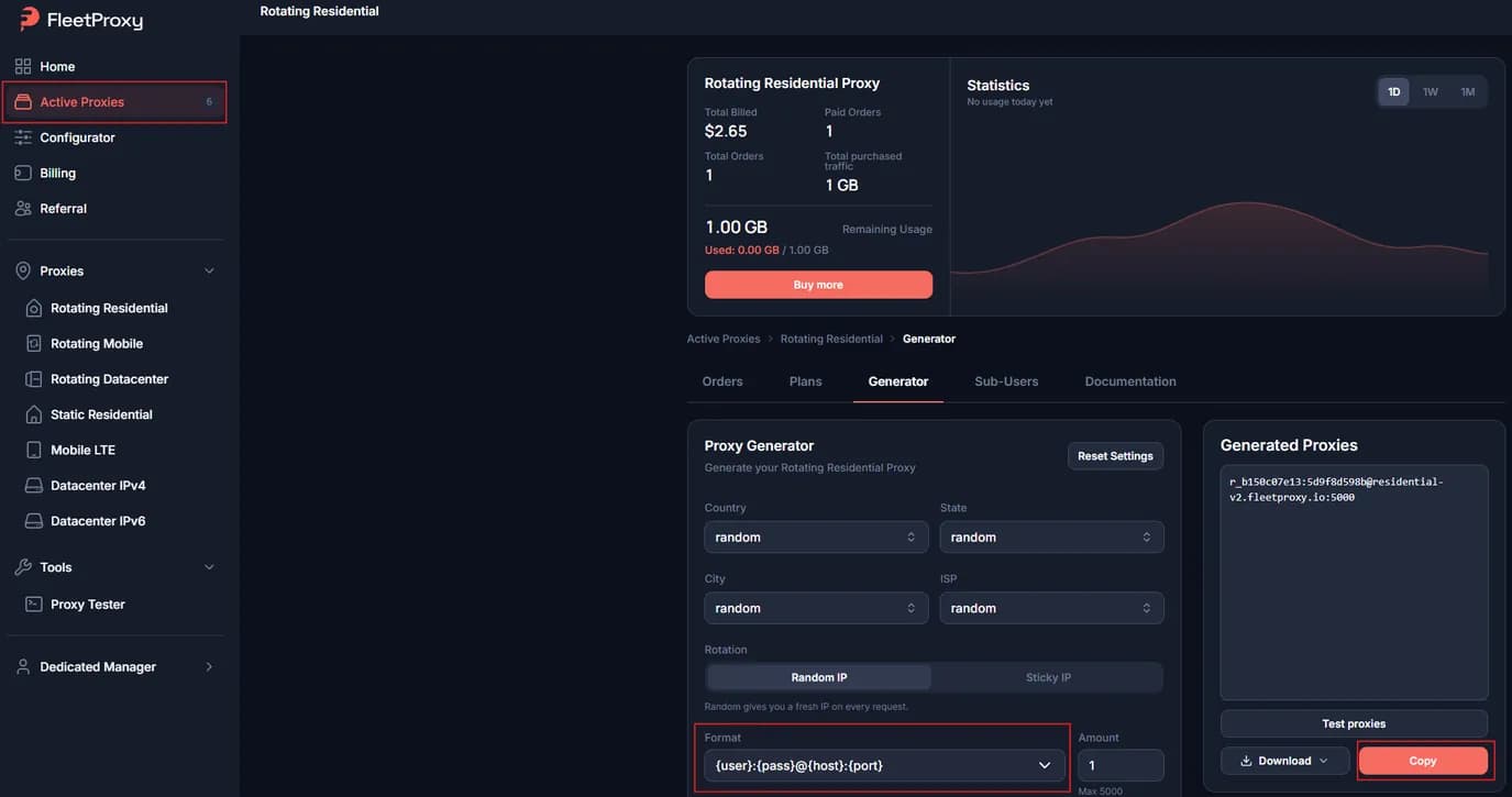FleetProxy generator, proxy format dropdown and Copy button