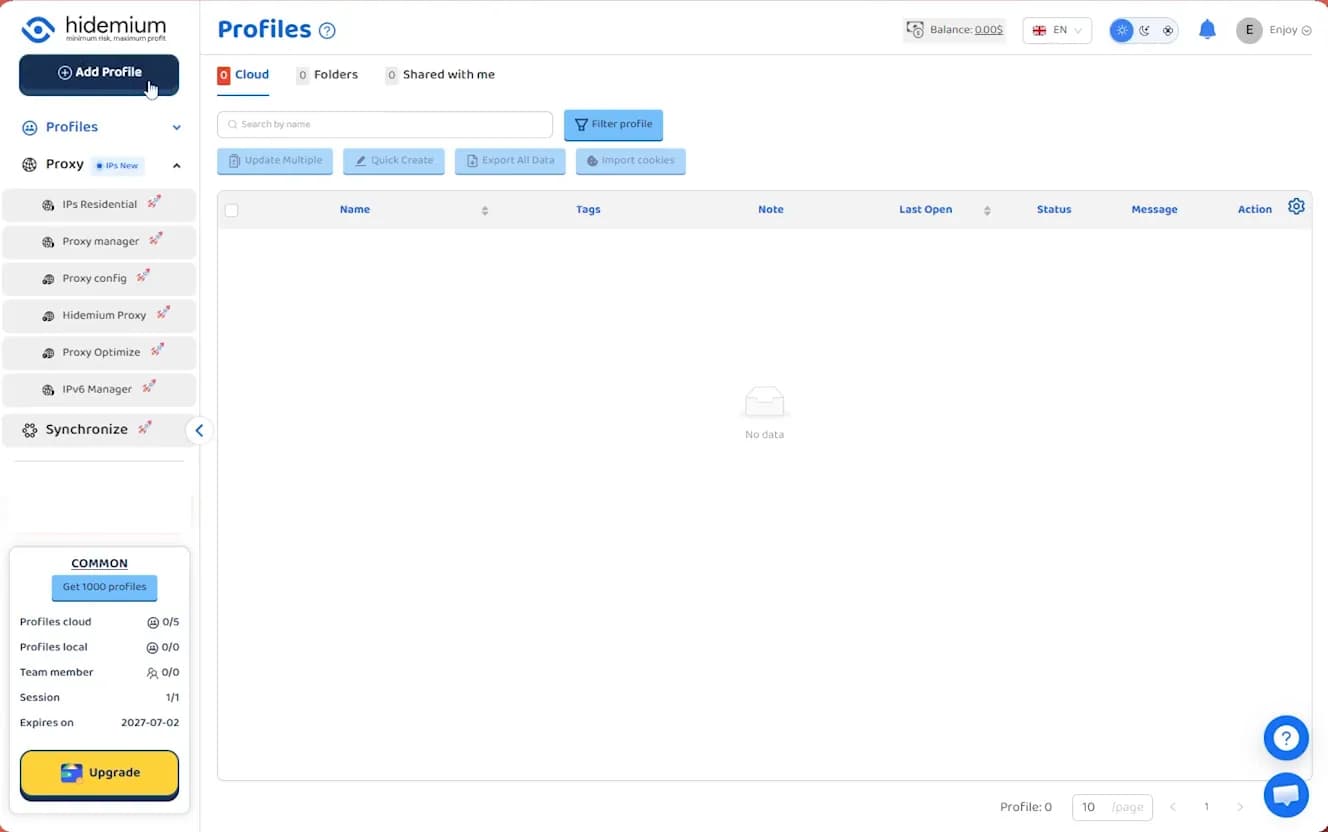 Hidemium Profiles screen with the Add Profile button highlighted