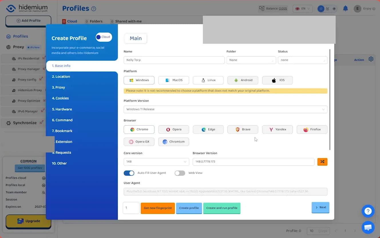 Hidemium Create Profile window on the Base info section