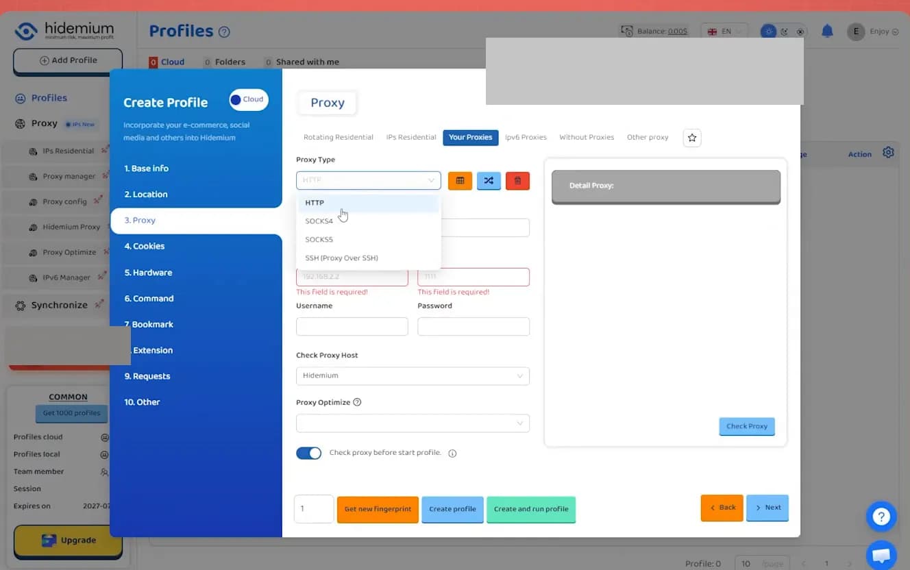 Hidemium Proxy Type dropdown open on HTTP, SOCKS4, SOCKS5 and SSH
