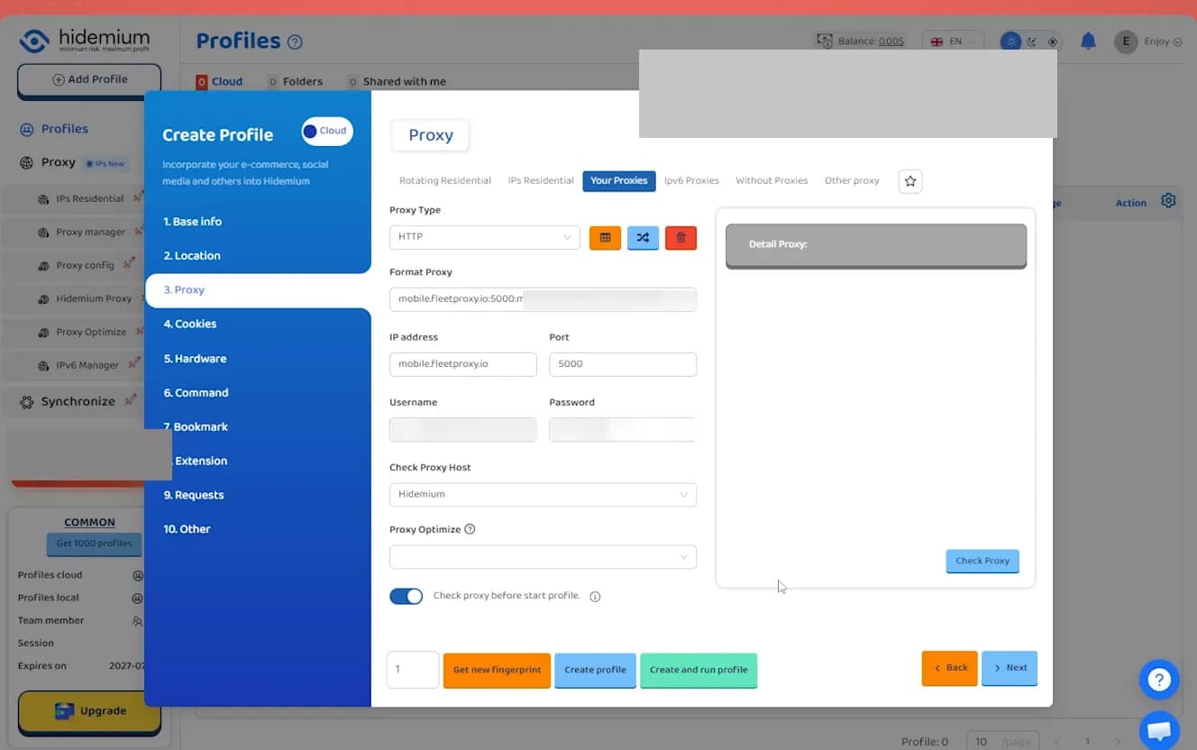 Hidemium Format Proxy field filled, host port username and password populated