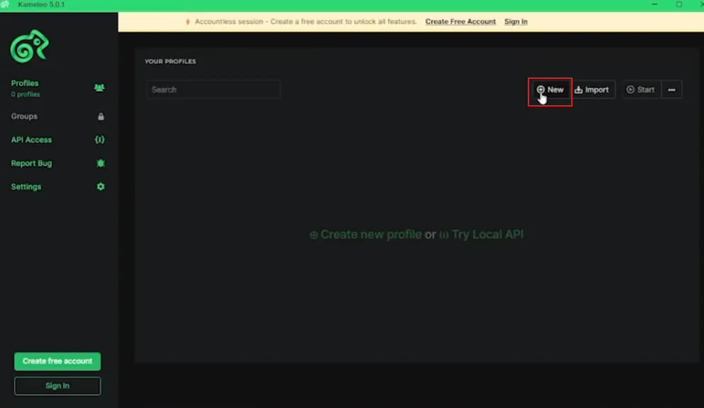 Kameleo Profiles screen with the New button highlighted