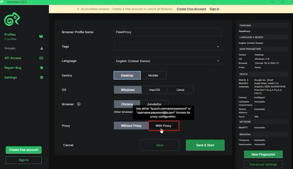 Kameleo new profile form with With Proxy selected