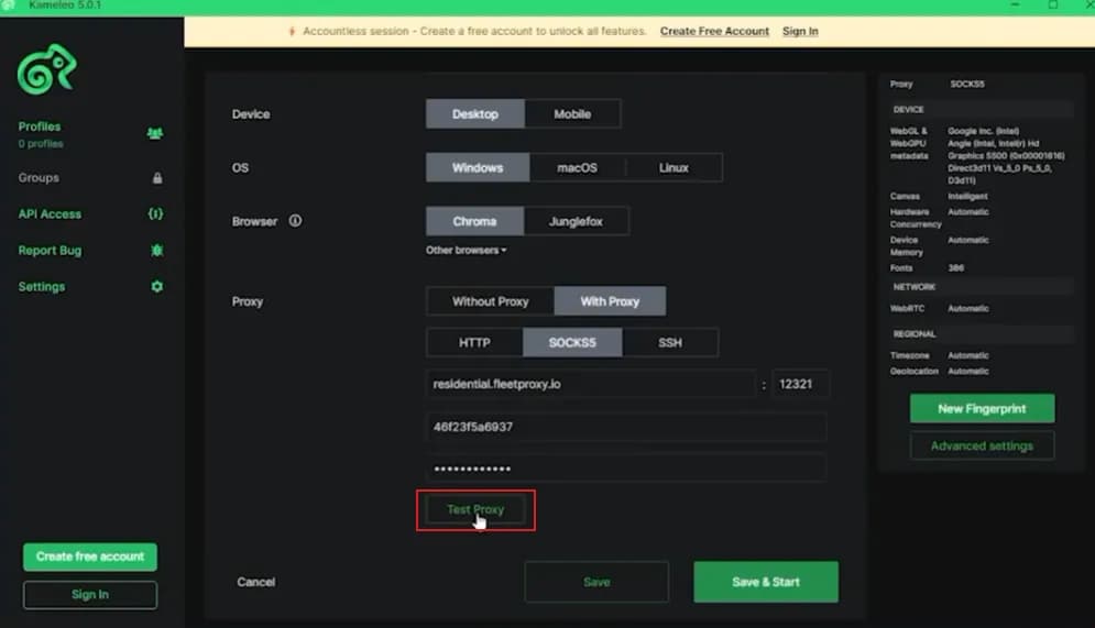 Kameleo proxy fields on the SOCKS5 tab, Test Proxy highlighted