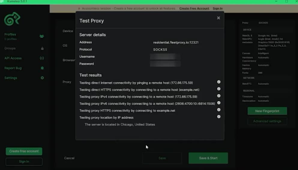 Kameleo Test Proxy results showing six passing checks