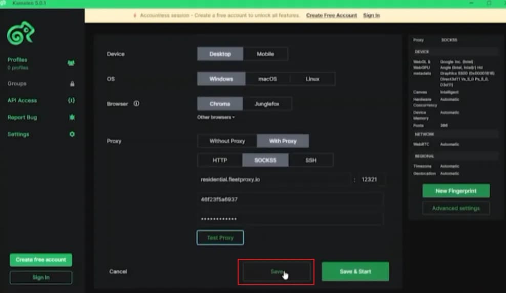 Kameleo profile form with the Save button highlighted