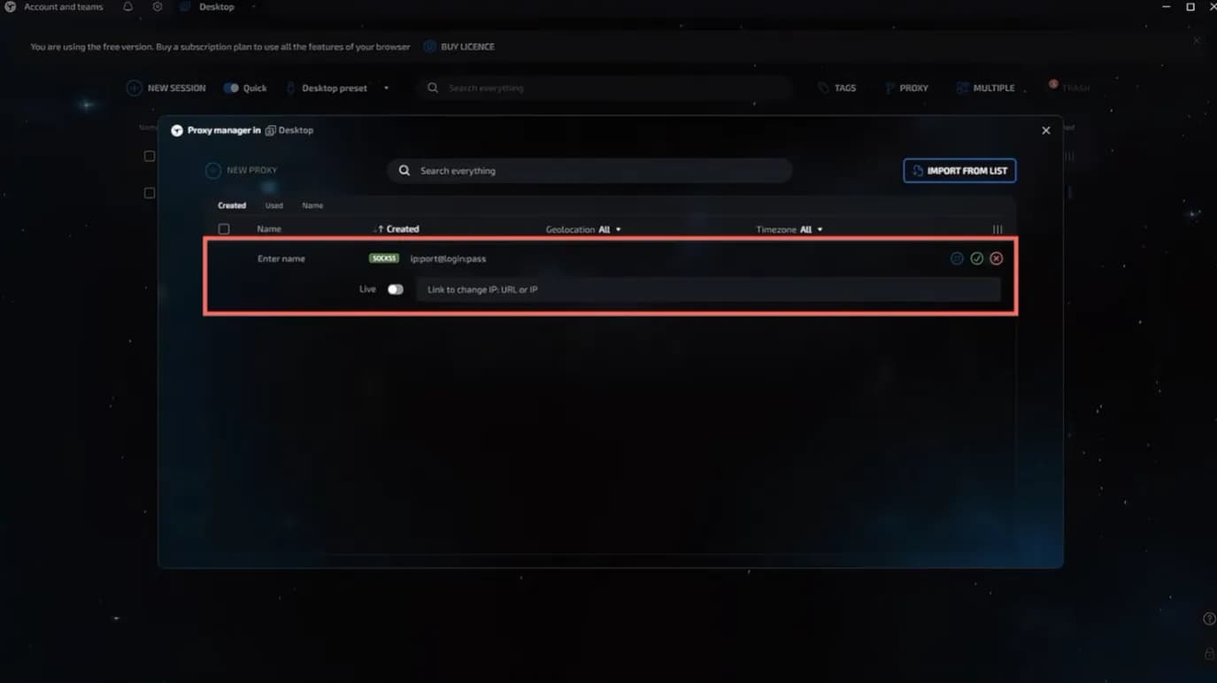 Linken Sphere Proxy manager with a blank new proxy row ready for credentials