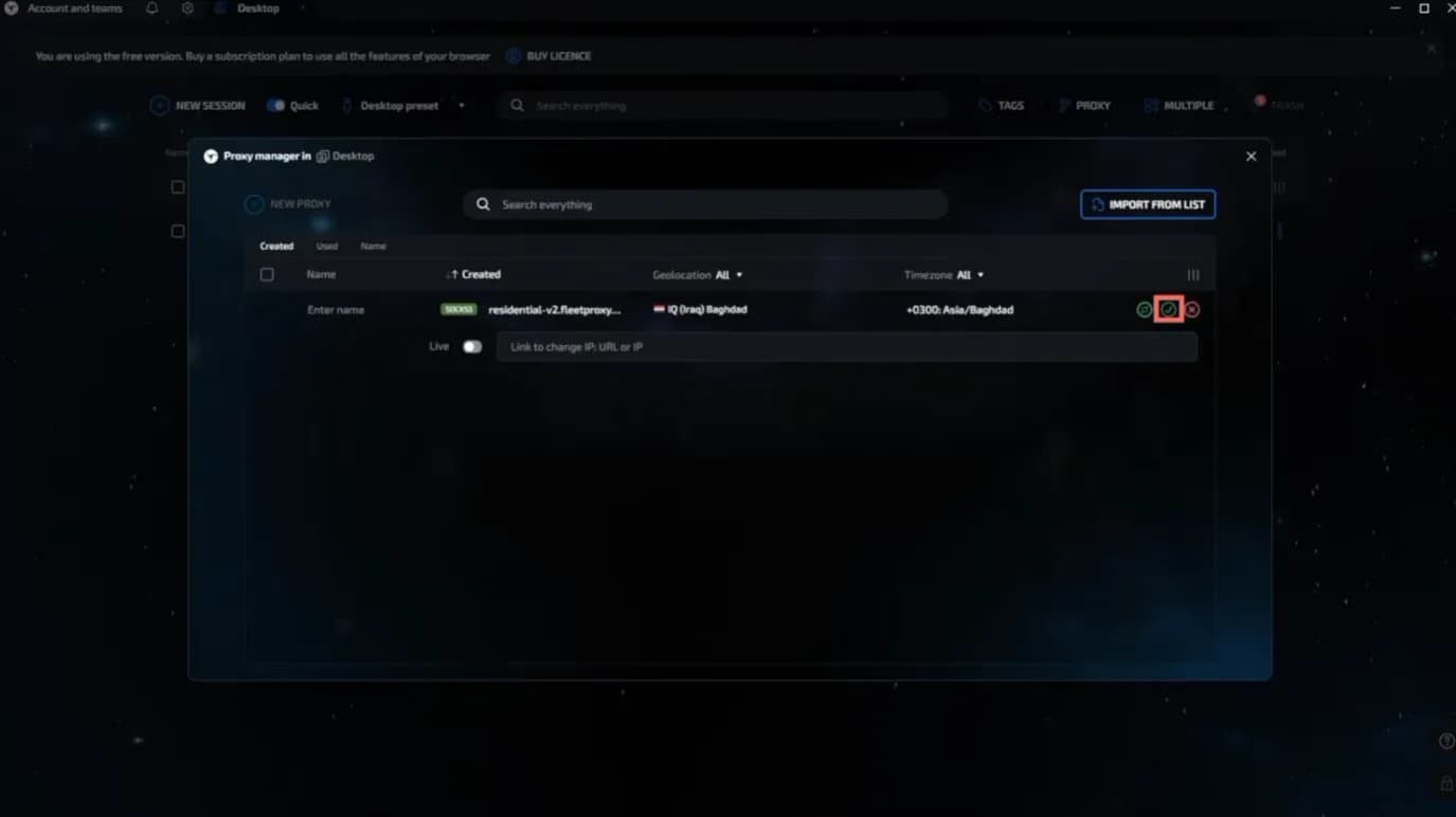 Linken Sphere proxy row filled with a FleetProxy gateway, validate button highlighted