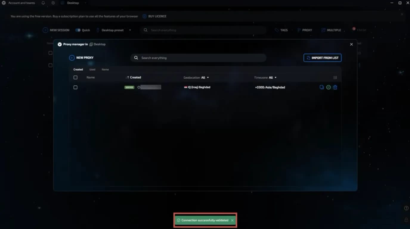 Linken Sphere confirming a validated SOCKS5 proxy with its country and timezone