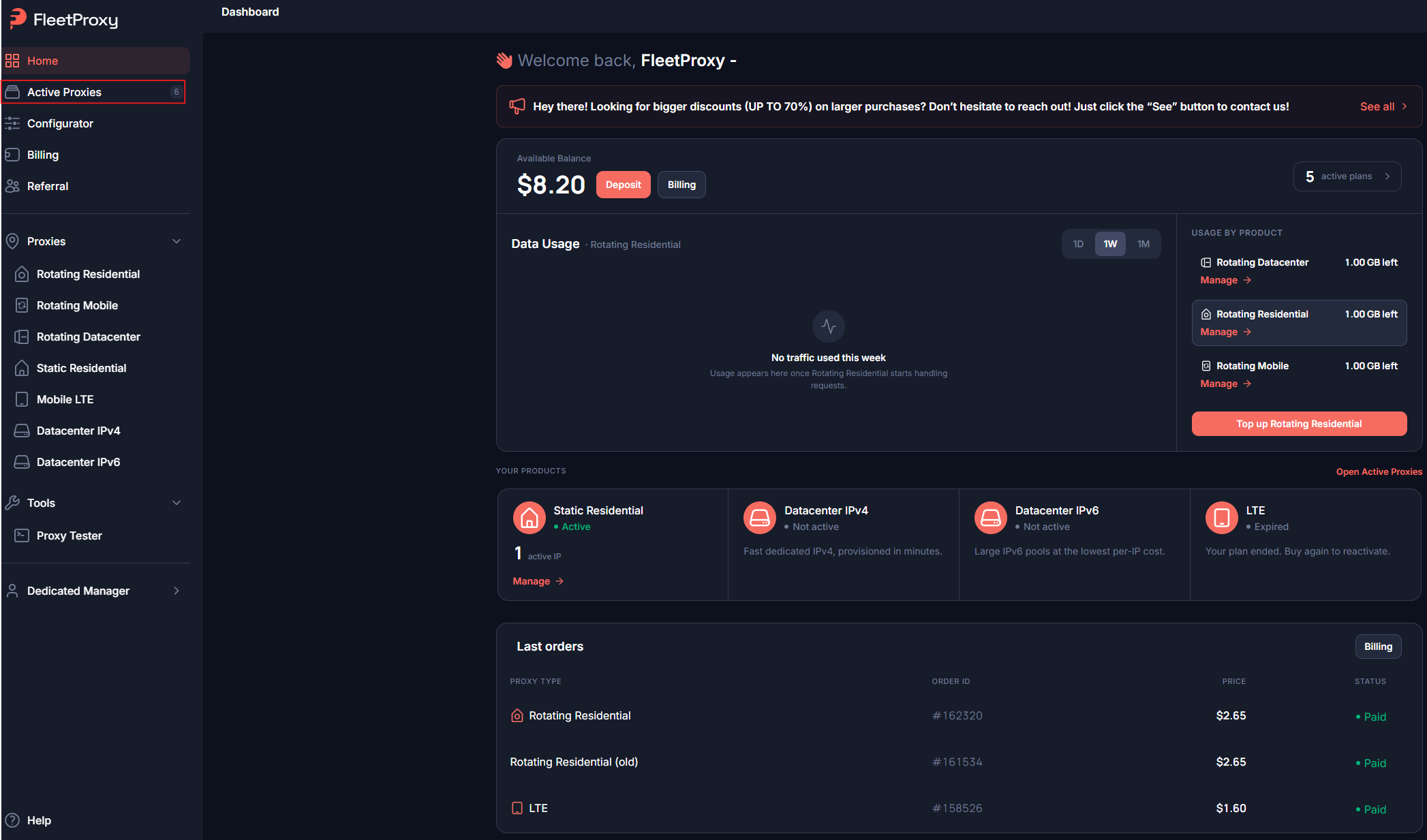 FleetProxy dashboard sidebar, Active Proxies highlighted
