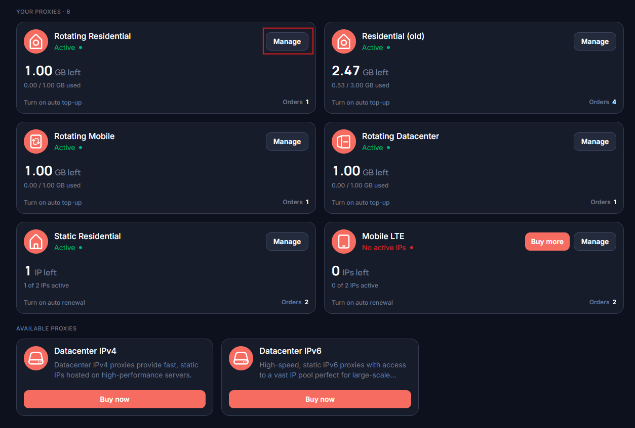 FleetProxy Active Proxies page, Manage button highlighted