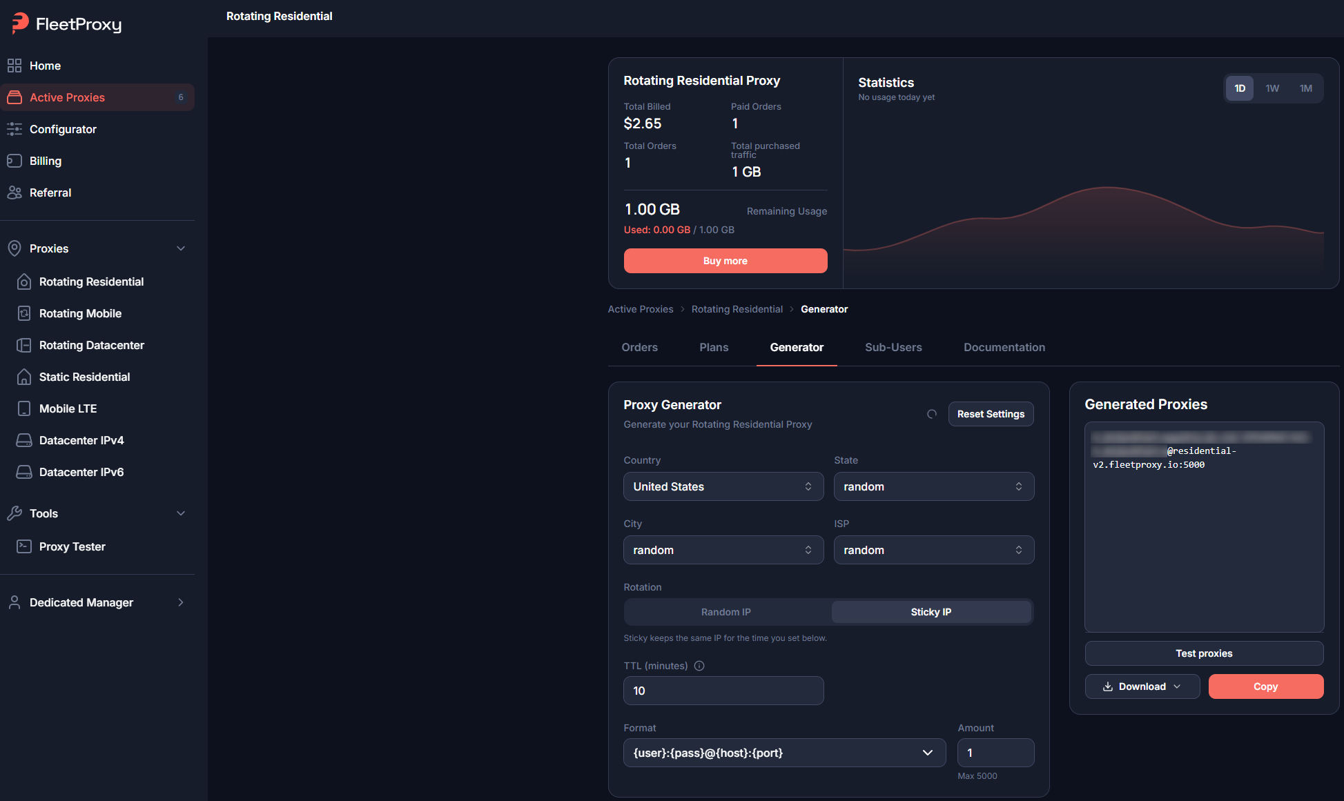 FleetProxy proxy generator with credentials ready to copy